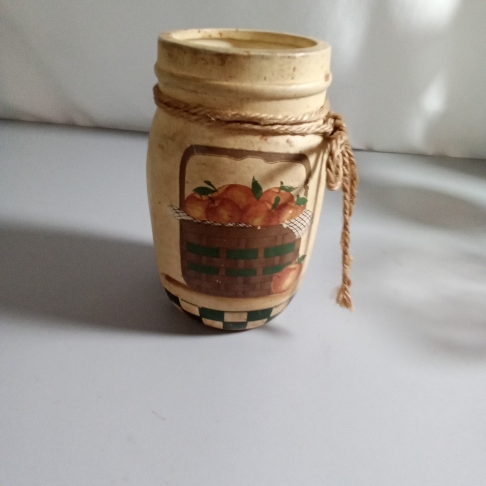 Vintage Style Country Farmhouse Ceramic Apple Basket Jar with Jute Rope Accent